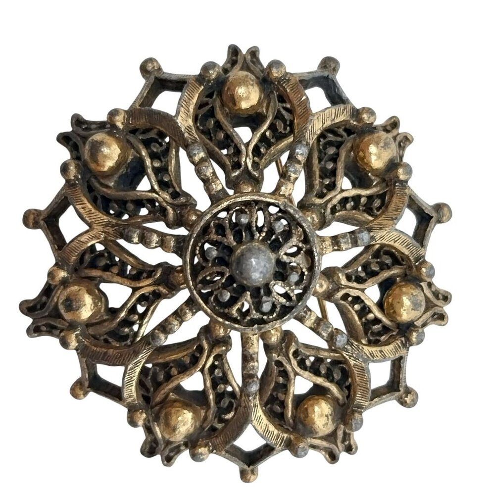 Vintage Hedy Ornate Antique Gold Tone Filigree Brooch Pin